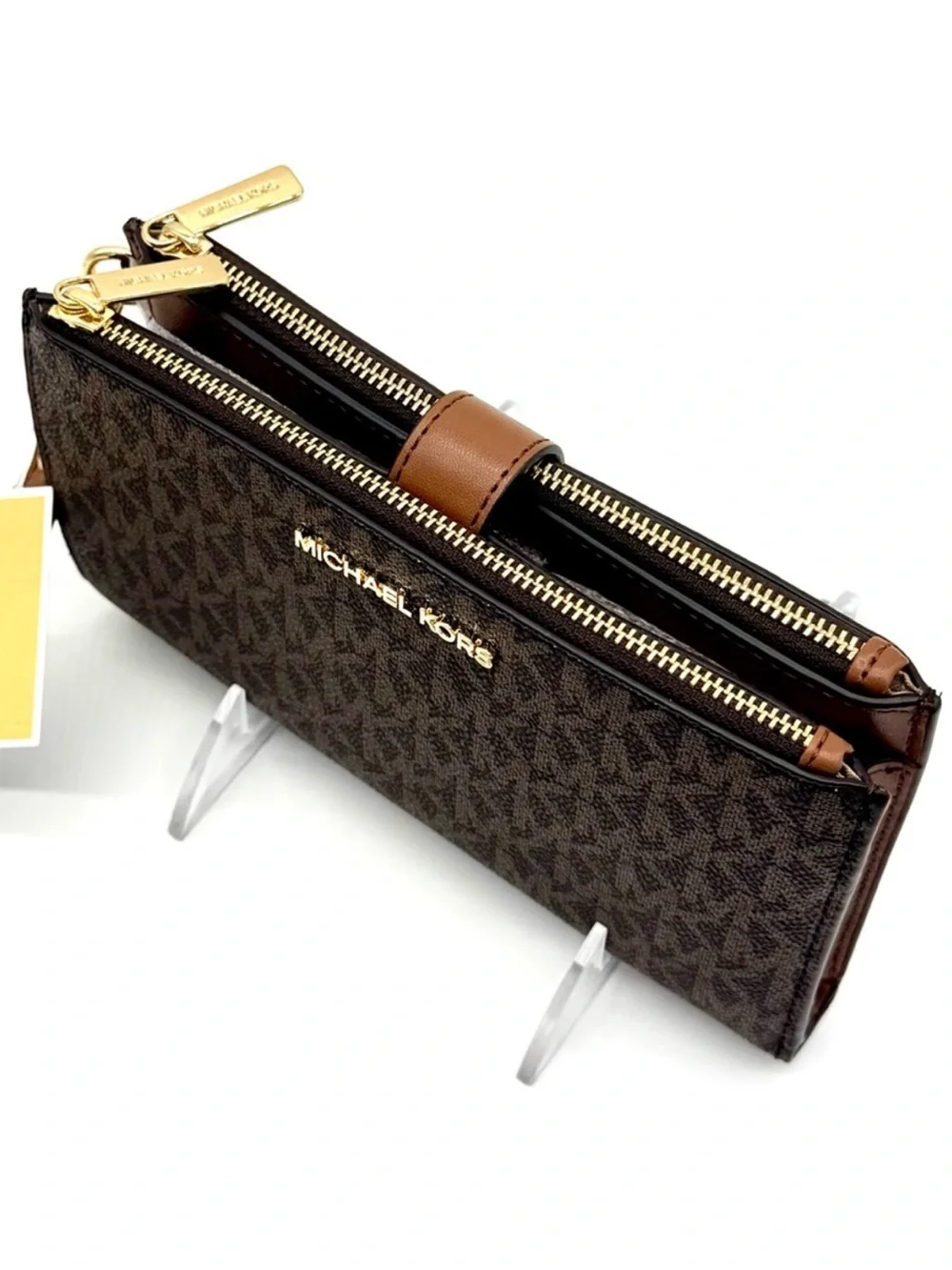 Michael Kors Large Jet Set Travel Logo Double Zip Wallet - Brown Signature